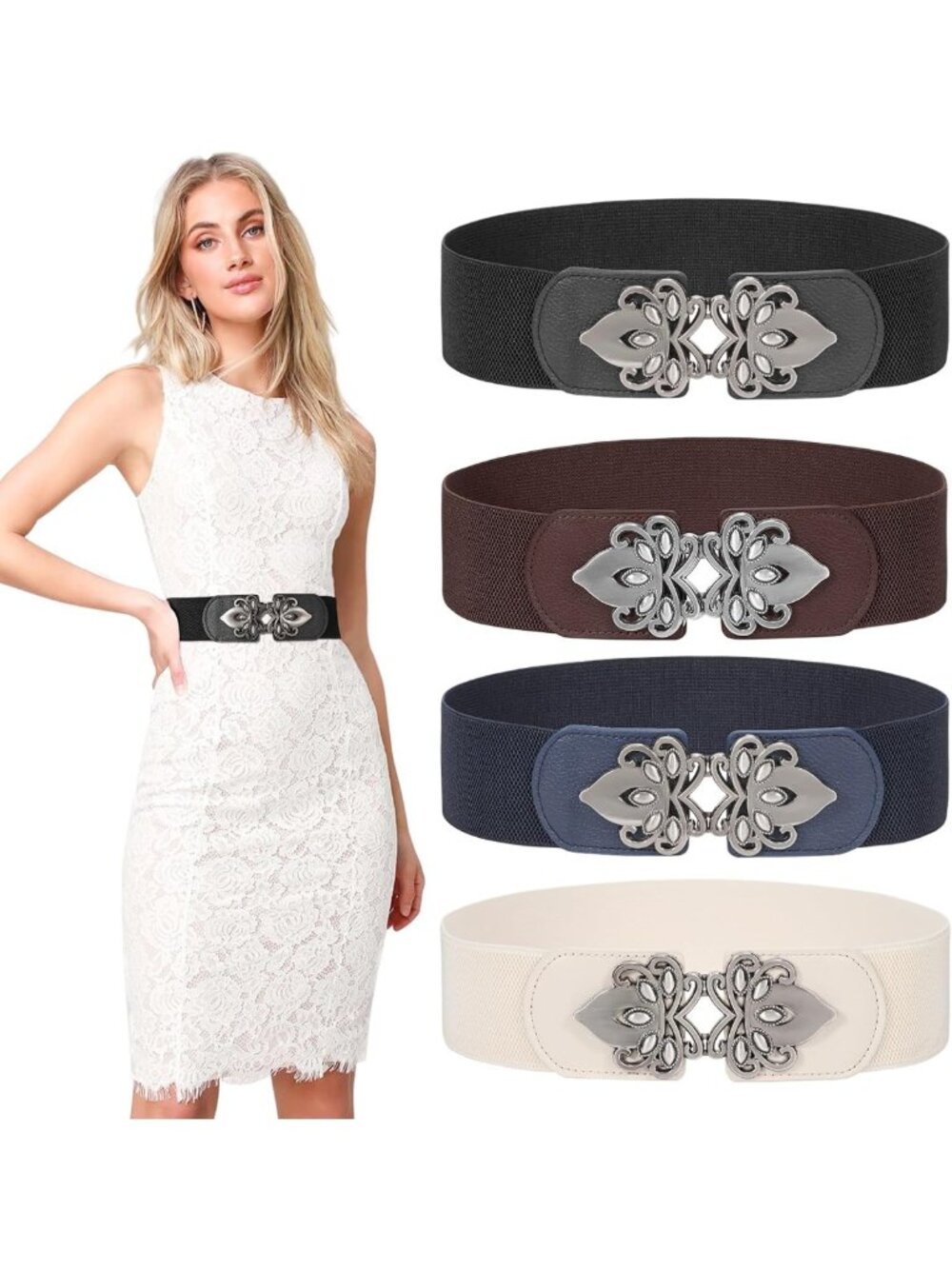 4 Pack Women's Wide Elastic Waist Belts - Plus Size Vintage Stretch Retro Buckle